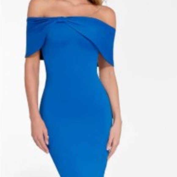 Popilush Dresses & Skirts - Popilush Royal Blue Off The Shoulder‎ Bodycon Midi Dress Built In Shapewear